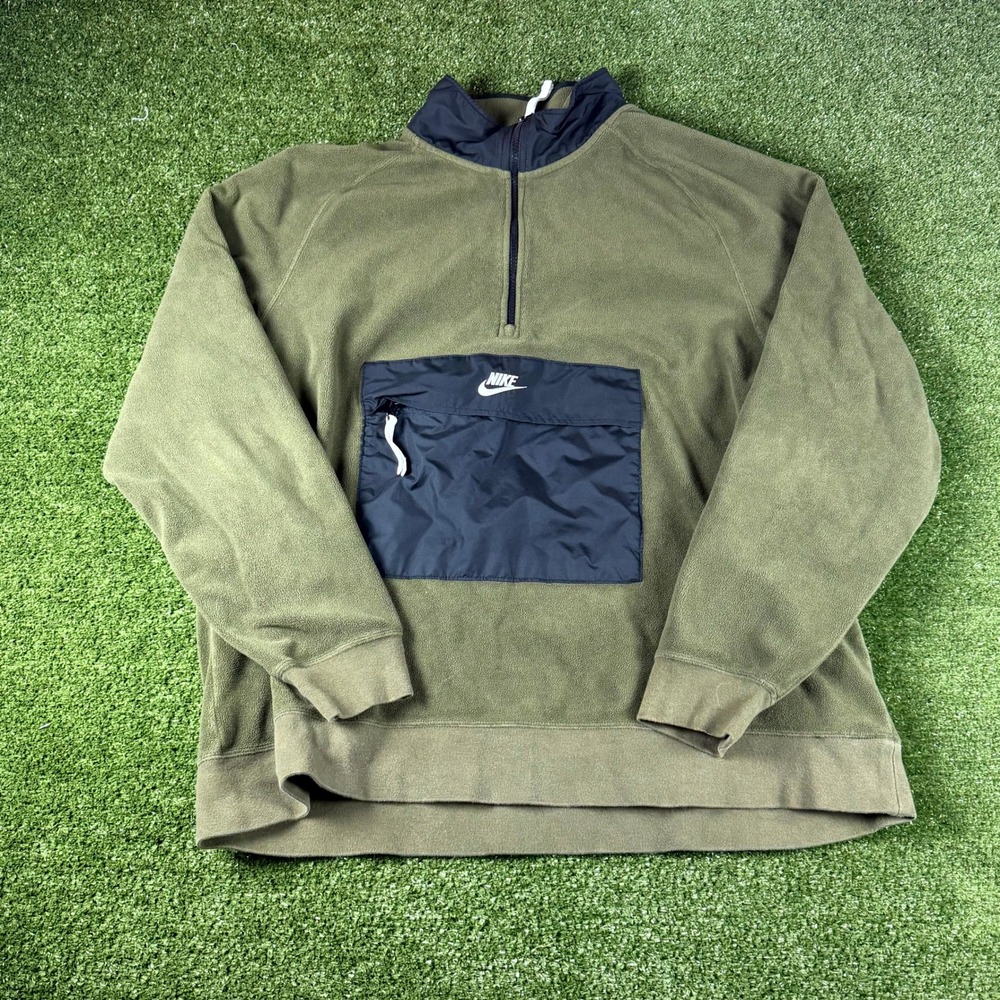 Nike Mens XXL Fleece Quarter Zip Pullover Olive Green Navy Blue Utility Pocket